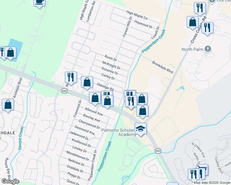 map of restaurants, bars, coffee shops, grocery stores, and more near 7631 Valleyview Circle in North Charleston