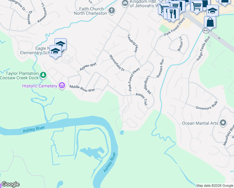 map of restaurants, bars, coffee shops, grocery stores, and more near 5436 River Island Court in North Charleston