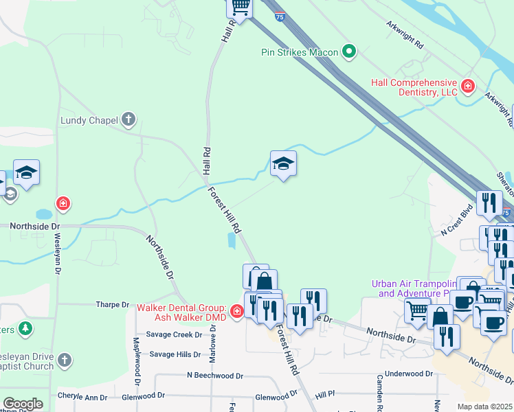map of restaurants, bars, coffee shops, grocery stores, and more near 925 Tolliver Place in Macon