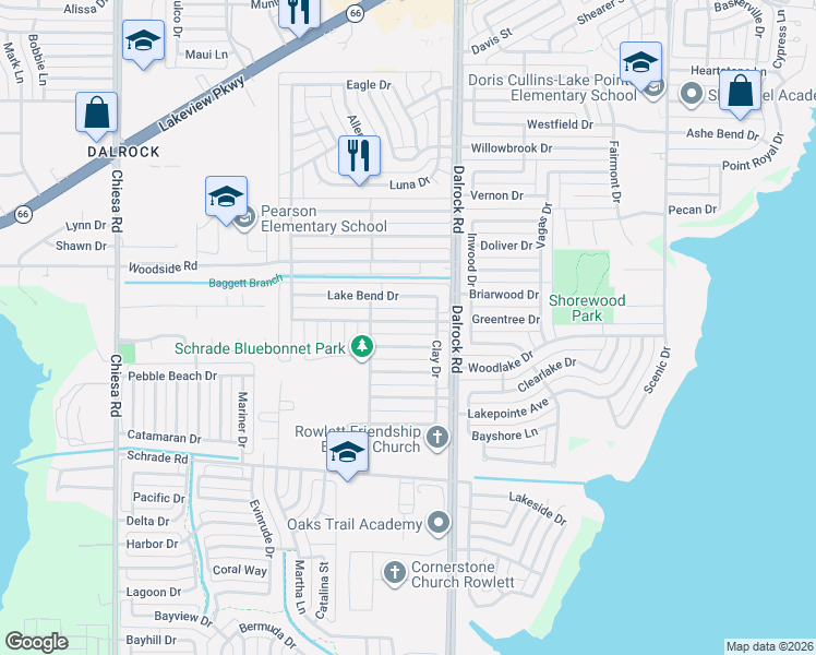 map of restaurants, bars, coffee shops, grocery stores, and more near 8309 Trail Lake Drive in Rowlett