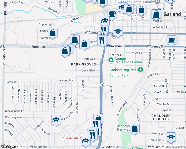 map of restaurants, bars, coffee shops, grocery stores, and more near 1409 Davis Boulevard in Garland