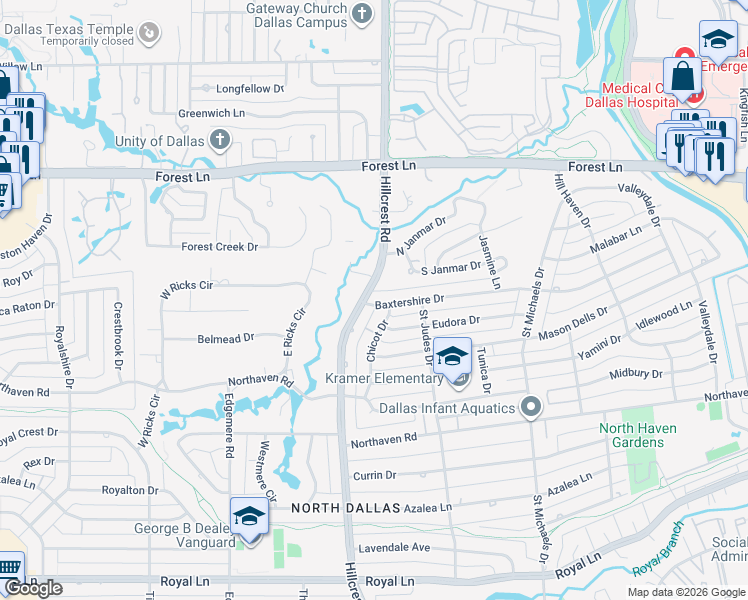 map of restaurants, bars, coffee shops, grocery stores, and more near 11515 Hillcrest Road in Dallas