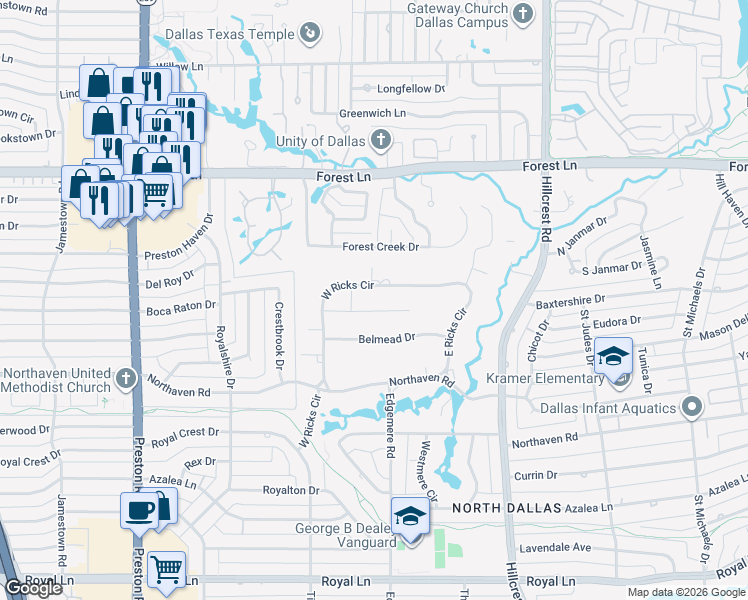map of restaurants, bars, coffee shops, grocery stores, and more near 11595 West Ricks Circle in Dallas