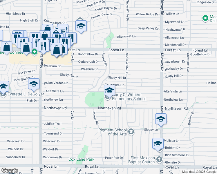 map of restaurants, bars, coffee shops, grocery stores, and more near 3929 Courtshire Dr in Dallas