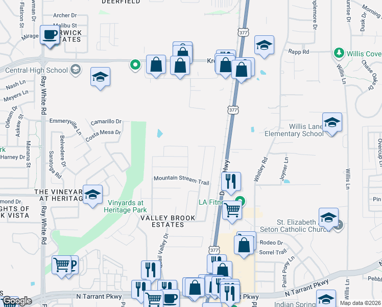map of restaurants, bars, coffee shops, grocery stores, and more near 5777 Dunraven Trail in Fort Worth