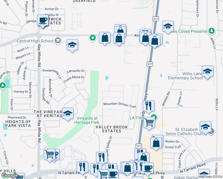 map of restaurants, bars, coffee shops, grocery stores, and more near 5745 Dunraven Trail in Fort Worth