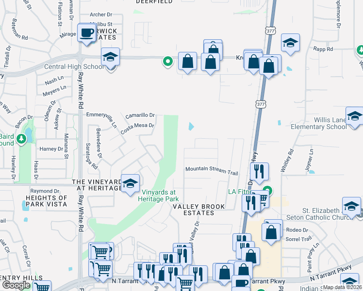 map of restaurants, bars, coffee shops, grocery stores, and more near 5721 Dunraven Trail in Fort Worth