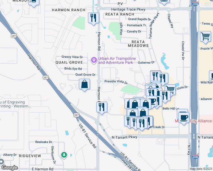 map of restaurants, bars, coffee shops, grocery stores, and more near 2028 Presidio Vista Drive in Fort Worth