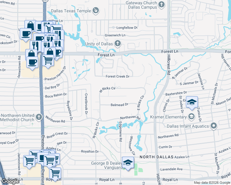 map of restaurants, bars, coffee shops, grocery stores, and more near 11595 West Ricks Circle in Dallas