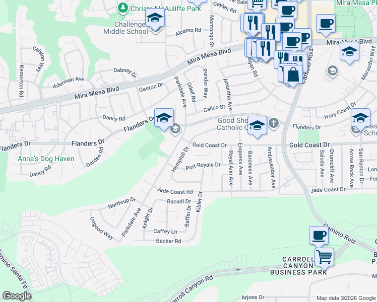 map of restaurants, bars, coffee shops, grocery stores, and more near 7898 Hemphill Drive in San Diego