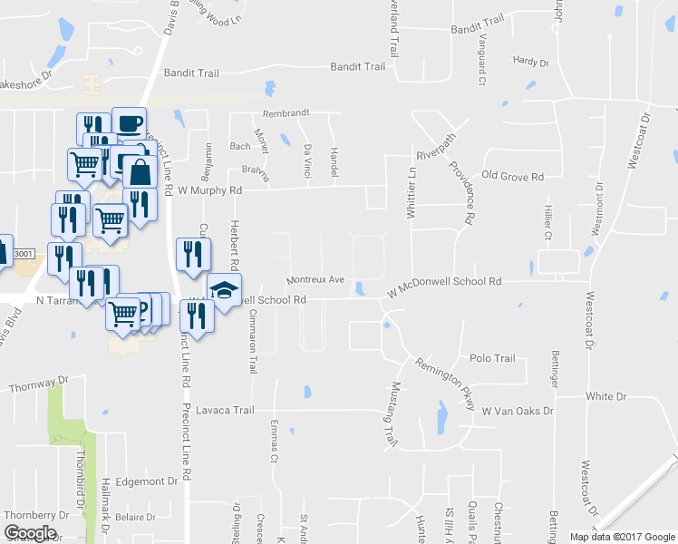 map of restaurants, bars, coffee shops, grocery stores, and more near 704 Montreux Avenue in Colleyville