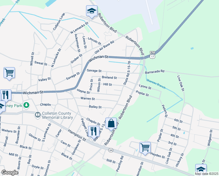 map of restaurants, bars, coffee shops, grocery stores, and more near 317 Hill Street in Walterboro