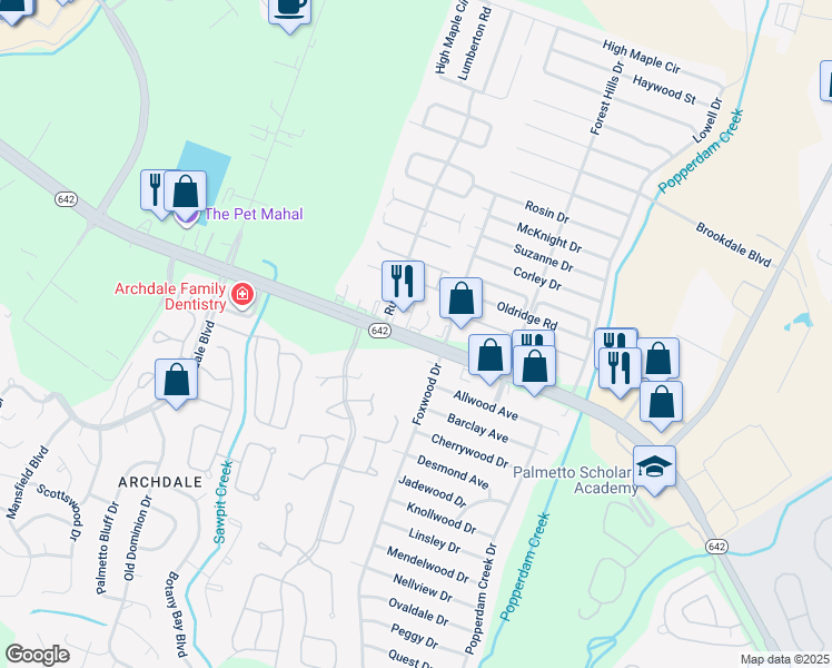 map of restaurants, bars, coffee shops, grocery stores, and more near 7870 Dorchester Road in North Charleston