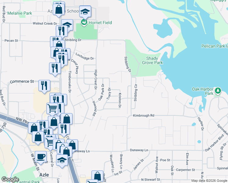 map of restaurants, bars, coffee shops, grocery stores, and more near 509 Kriston Drive in Azle