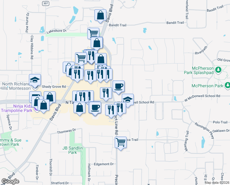 map of restaurants, bars, coffee shops, grocery stores, and more near 8310 Precinct Line Road in Colleyville