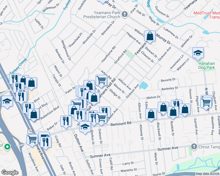map of restaurants, bars, coffee shops, grocery stores, and more near 5832 Moore Street in Hanahan
