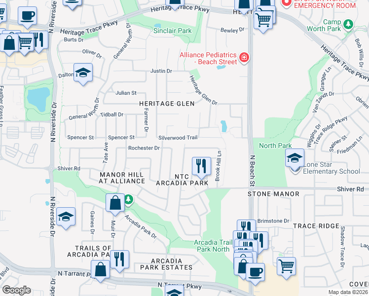 map of restaurants, bars, coffee shops, grocery stores, and more near 4190 Silverwood Trail in Fort Worth