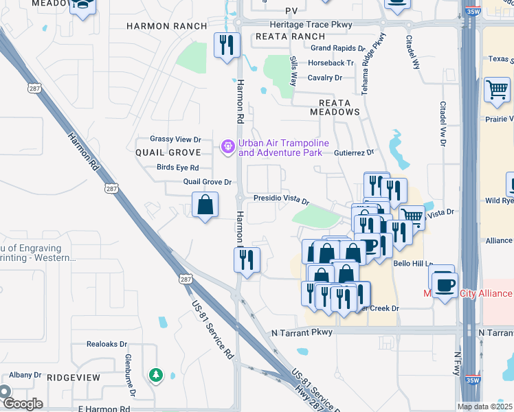 map of restaurants, bars, coffee shops, grocery stores, and more near 2028 Presidio Vista Drive in Fort Worth