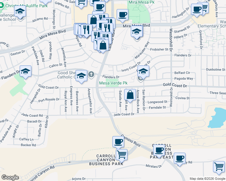map of restaurants, bars, coffee shops, grocery stores, and more near 8297 Gold Coast Drive in San Diego