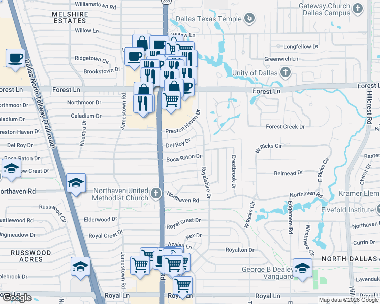 map of restaurants, bars, coffee shops, grocery stores, and more near 11455 Royalshire Drive in Dallas