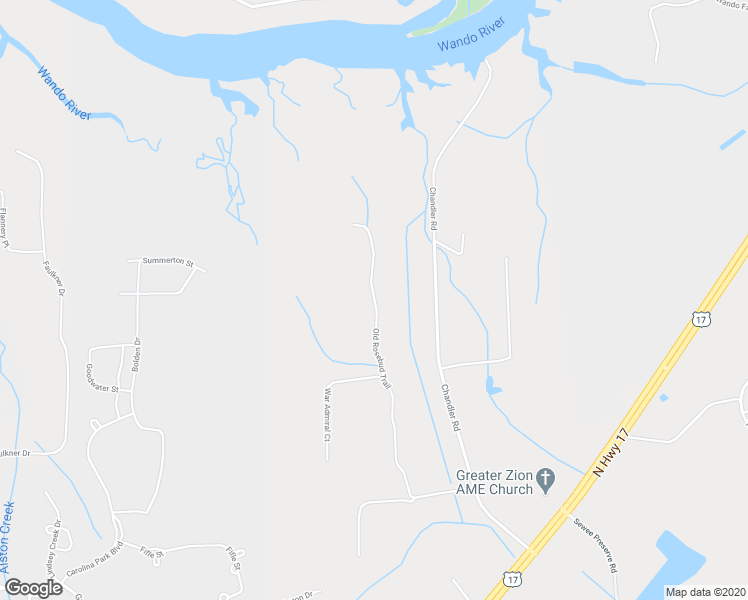 map of restaurants, bars, coffee shops, grocery stores, and more near 1499 Old Rosebud Trail in Awendaw