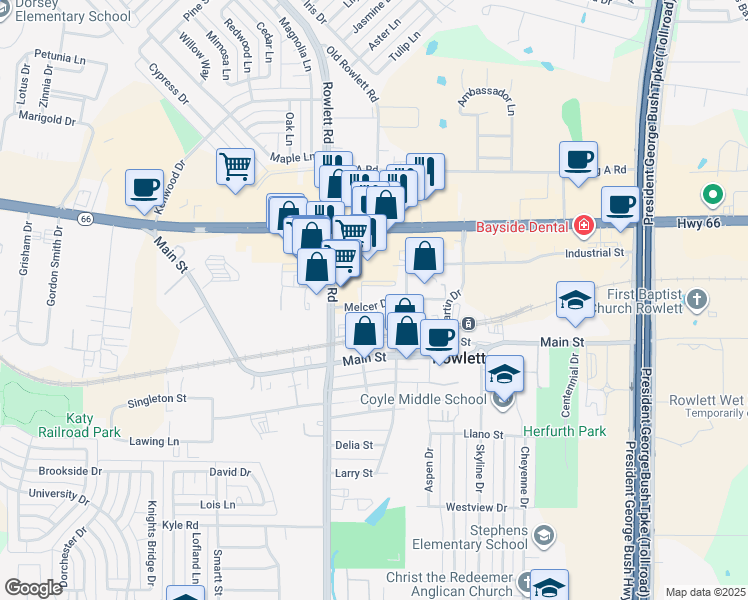 map of restaurants, bars, coffee shops, grocery stores, and more near 3705 Melcer Drive in Rowlett