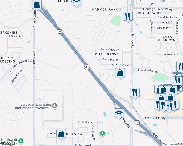 map of restaurants, bars, coffee shops, grocery stores, and more near U.S. 81 in Fort Worth