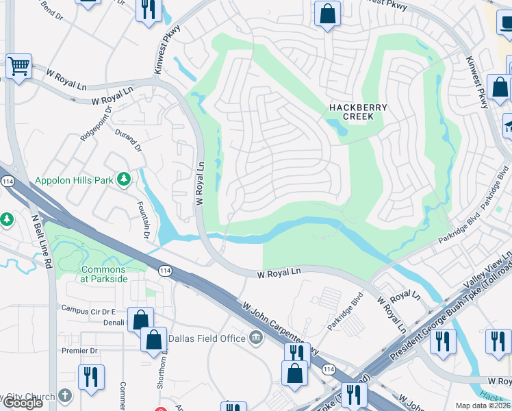 map of restaurants, bars, coffee shops, grocery stores, and more near 2412 Clearspring Drive South in Irving
