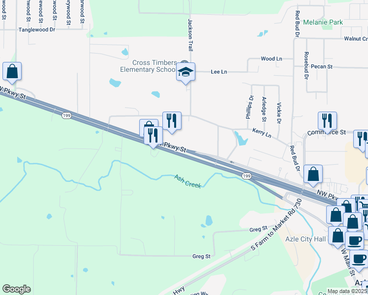 map of restaurants, bars, coffee shops, grocery stores, and more near 1300 Northwest Pkwy in Azle