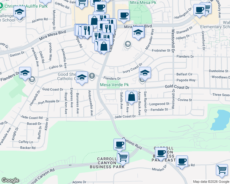 map of restaurants, bars, coffee shops, grocery stores, and more near 8291 Gold Coast Drive in San Diego