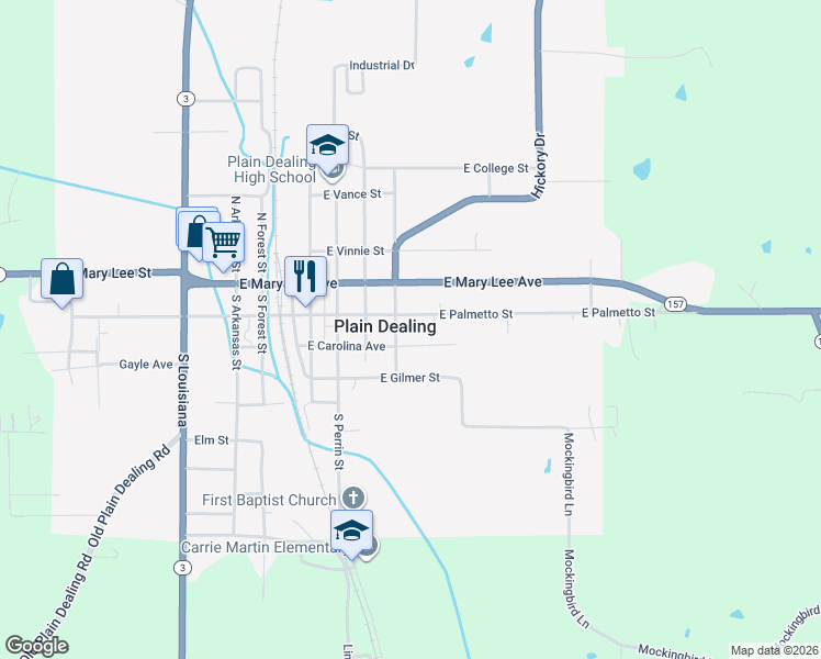 map of restaurants, bars, coffee shops, grocery stores, and more near 608 East Palmetto Street in Plain Dealing