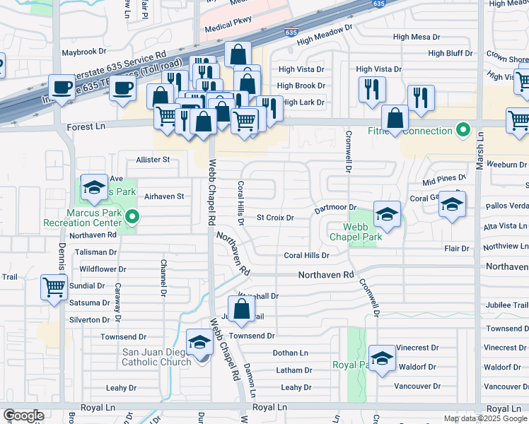 map of restaurants, bars, coffee shops, grocery stores, and more near 3244 Tower Trail in Dallas