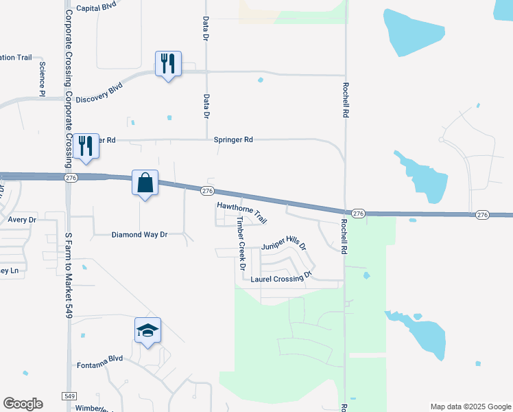 map of restaurants, bars, coffee shops, grocery stores, and more near 3652 Hawthorne Trail in Rockwall