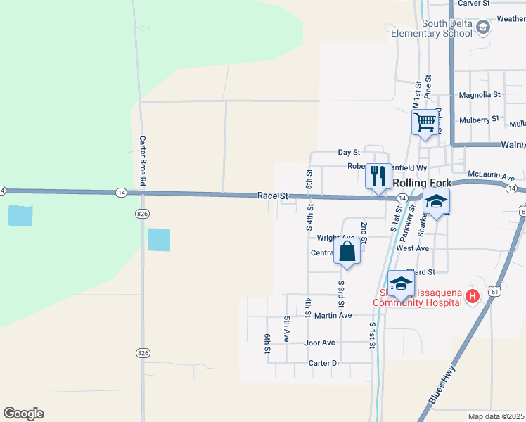 map of restaurants, bars, coffee shops, grocery stores, and more near 497 Race Street in Rolling Fork