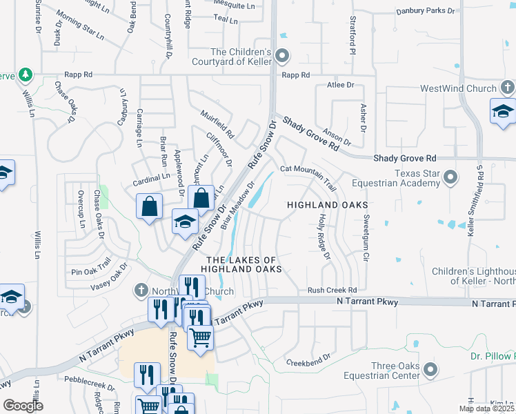 map of restaurants, bars, coffee shops, grocery stores, and more near 1418 The Lakes Court in Keller