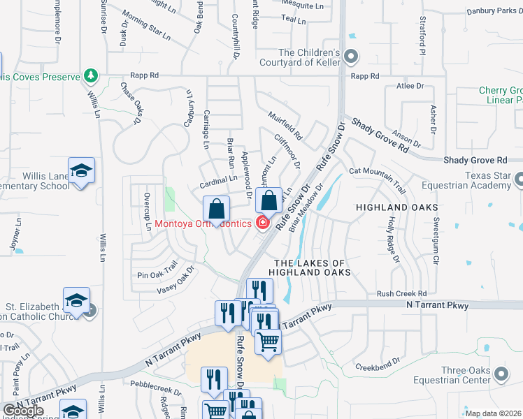 map of restaurants, bars, coffee shops, grocery stores, and more near 1483 Applewood Drive in Keller