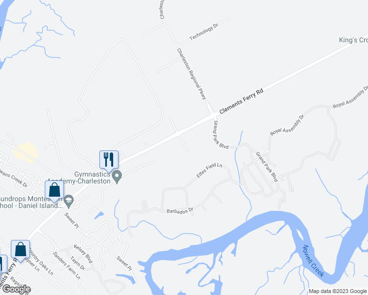 map of restaurants, bars, coffee shops, grocery stores, and more near 2265 Clements Ferry Road in Charleston