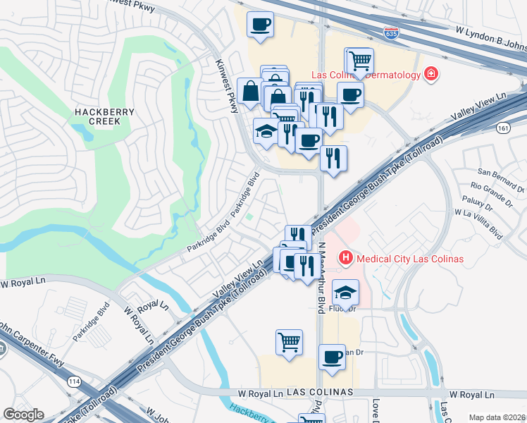 map of restaurants, bars, coffee shops, grocery stores, and more near 7300 Parkridge Boulevard in Irving