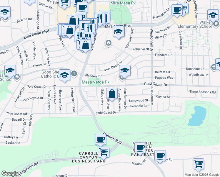 map of restaurants, bars, coffee shops, grocery stores, and more near 10289 Drumcliff Avenue in San Diego