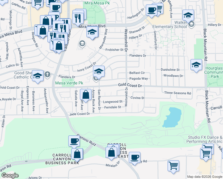 map of restaurants, bars, coffee shops, grocery stores, and more near 10293 Covina Place in San Diego