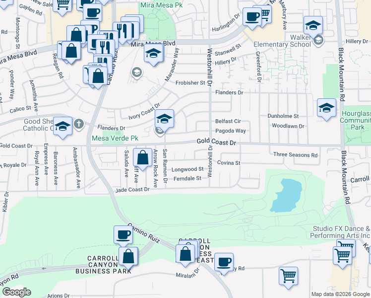 map of restaurants, bars, coffee shops, grocery stores, and more near 10293 Covina Place in San Diego