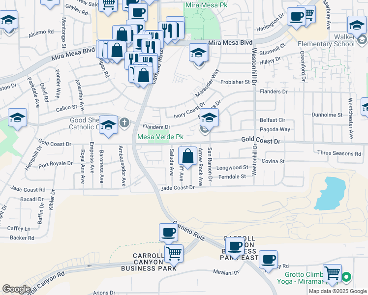 map of restaurants, bars, coffee shops, grocery stores, and more near 10289 Drumcliff Avenue in San Diego