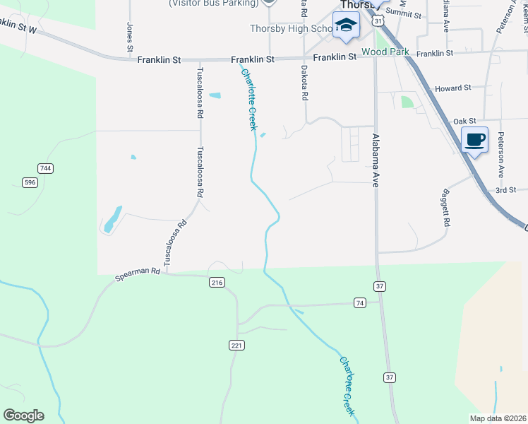 map of restaurants, bars, coffee shops, grocery stores, and more near Peachtree Drive in Thorsby