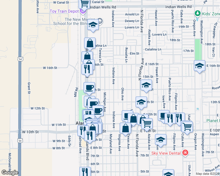 map of restaurants, bars, coffee shops, grocery stores, and more near 411 14th Street in Alamogordo