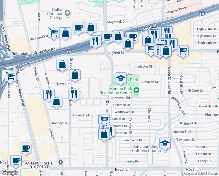 map of restaurants, bars, coffee shops, grocery stores, and more near 11457 Dennis Road in Dallas