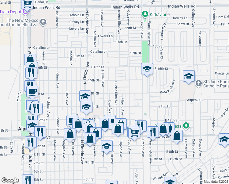 map of restaurants, bars, coffee shops, grocery stores, and more near 1202 Beverly Lane in Alamogordo