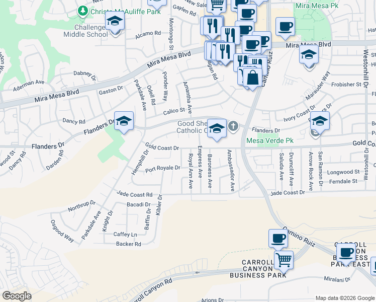 map of restaurants, bars, coffee shops, grocery stores, and more near 10296 Royal Ann Avenue in San Diego