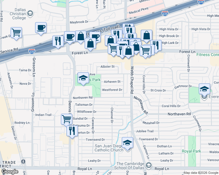 map of restaurants, bars, coffee shops, grocery stores, and more near 3014 Airhaven Street in Dallas