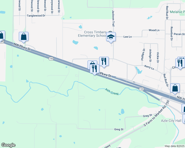 map of restaurants, bars, coffee shops, grocery stores, and more near 1311 Northwest Parkway Street in Azle