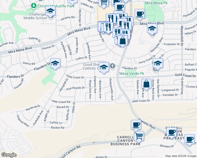 map of restaurants, bars, coffee shops, grocery stores, and more near 10296 Baroness Avenue in San Diego